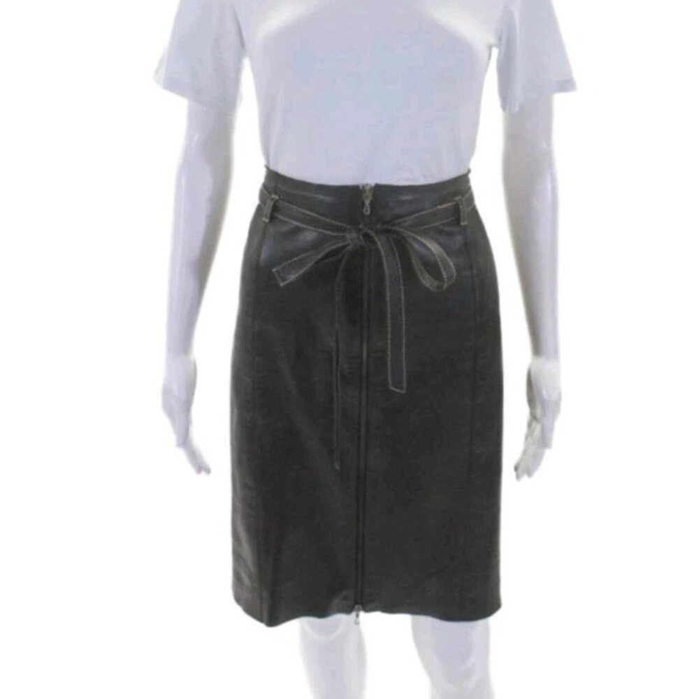 Di Vita Dark Brown Leather 2-way Zip Front Straight Skirt Tie Belt Lined Size 8